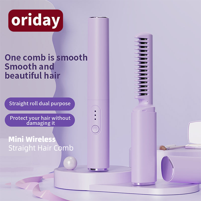 oriday 무선 스트레이트닝 빗, 직모와 컬링 두 가지 기능, 모발 손상 없이 사용, 음이온, 젖은 머리와 마른 머리 모두 사용 가능, 하나의 빗으로 매끄럽게, USB 충전, 휴대 가능, 화상 방지 안전, 가정용 및 여행용.