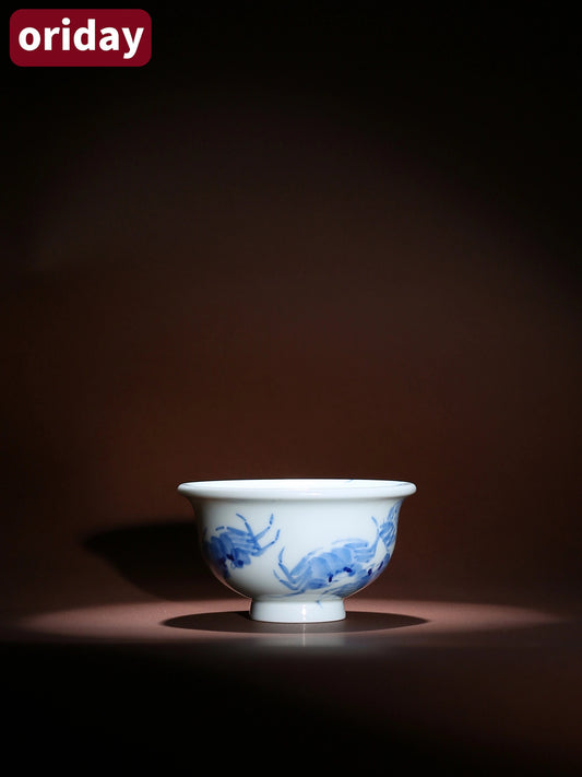 Oriday 수공예 청화 게 주인잔|팔방에서 재물이 들어오는 압손 찻잔|전통 중국식 도자기 다관