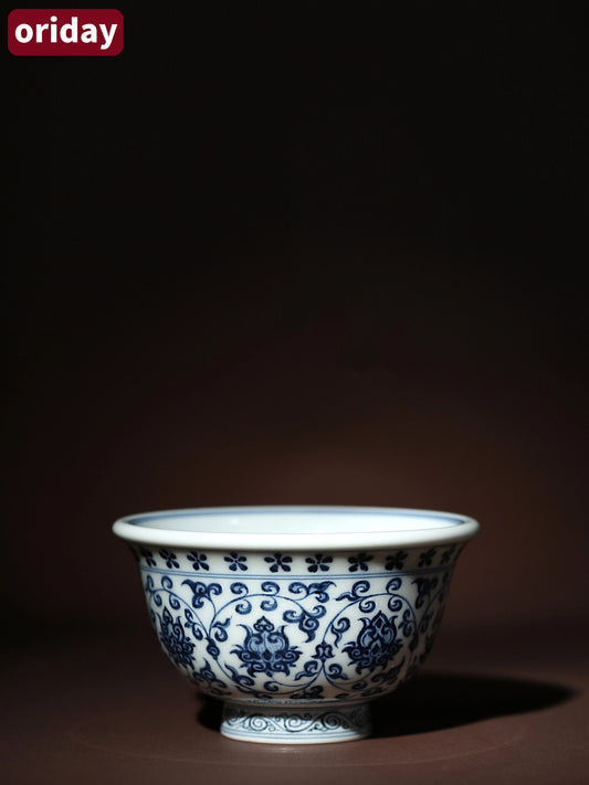 Oriday 영락 청화 누름 찻잔   수작업 빈티지 연꽃 덩굴무늬 주인잔   추천 중식 다기 세트