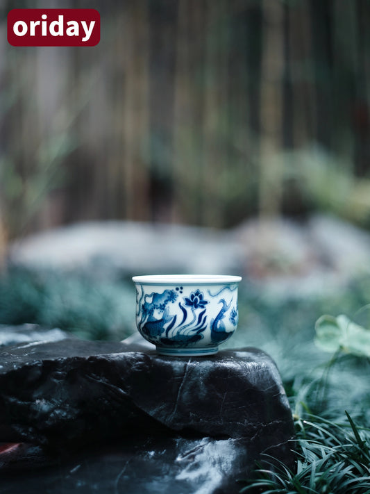 Oriday 청화 자기 쿵푸 찻잔|레트로 스타일 유약 아래 채색된 주인잔|추천 중국식 다기