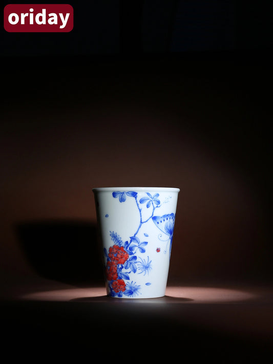 Oriday 청화 유리홍 향잔|나비와 꽃 수공예 도자기 주인잔|쿵푸차 시음컵 추천