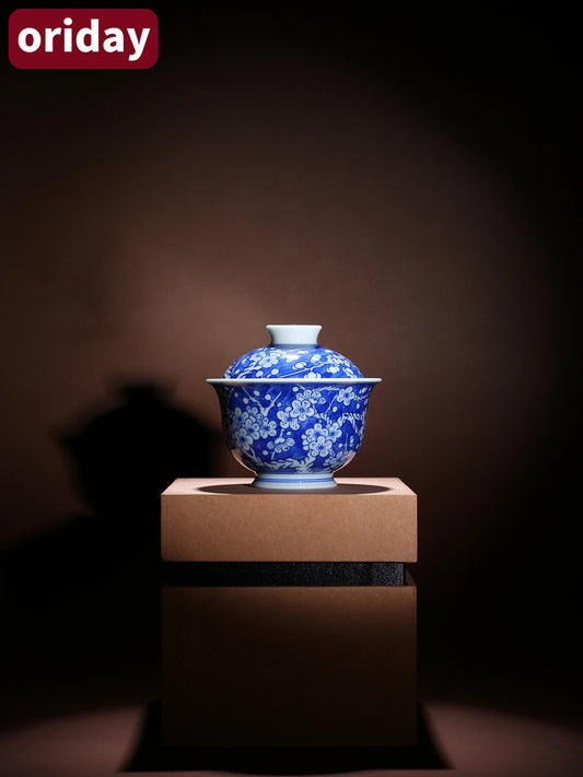 Oriday 수공예 청화 매화 뚜껑 찻잔|앤틱 도자기 다기 세트|뜨거운 물에 안전한 단일 찻잔