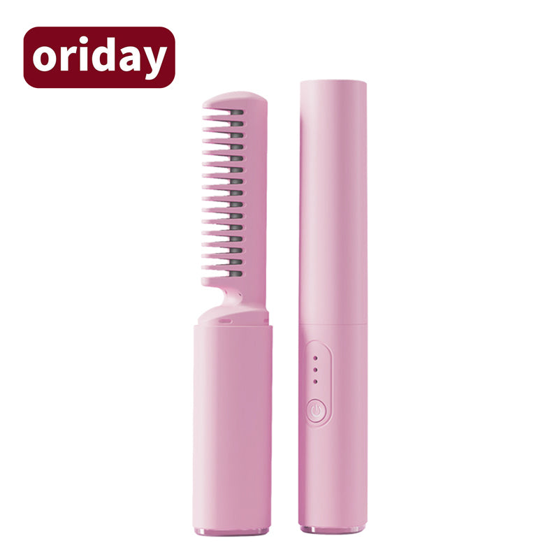oriday 무선 스트레이트닝 빗, 직모와 컬링 두 가지 기능, 모발 손상 없이 사용, 음이온, 젖은 머리와 마른 머리 모두 사용 가능, 하나의 빗으로 매끄럽게, USB 충전, 휴대 가능, 화상 방지 안전, 가정용 및 여행용.