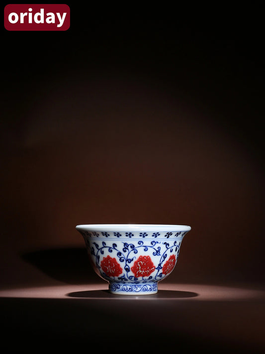 Oriday 명나라 스타일 청화 유리홍 다기 세트   덩굴 연꽃 무늬 누름 주인잔 + 다관 세트