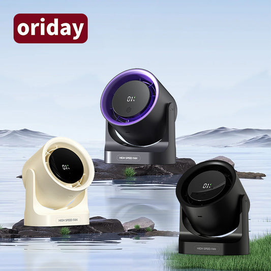 Oriday Digital Display Desktop Fan with high-speed circulation, super long battery life, wall-mountable without drilling, remote control, timer, and cooling function. Ideal for offices, desks, dorms, kitchens, and Eastern products.