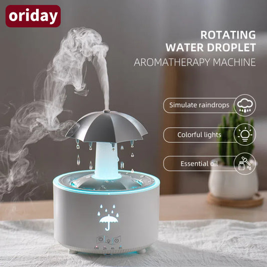 【Hot Seller】Rotating Aromatherapy Diffuser with Colorful Night Light｜Umbrella-shaped water drop design for hydration and fragrance｜Perfect for home, dorm, bedroom, or office – refreshing humidifier