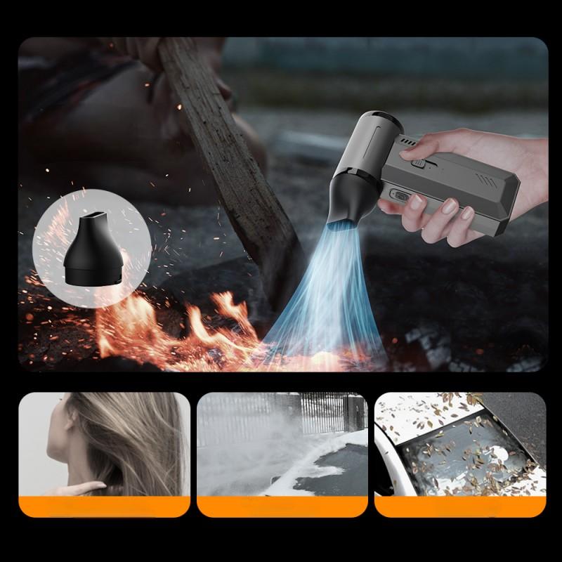 Cross-border high-speed turbo handheld fan, 4-in-1: hair dryer, car vacuum cleaner, air pump, and fire booster for outdoor campfires. Type-C rechargeable, portable for camping, travel, or home use – by Oriental Prime.
