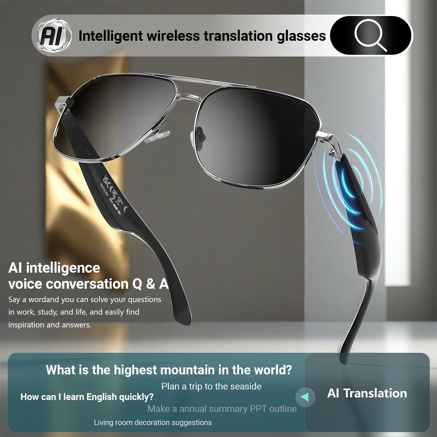 Oriday Smart AI Translation Sunglasses｜Anti-glare Polarized Lenses UV400 Protection｜Music + Calls + Voice Assistant GY100