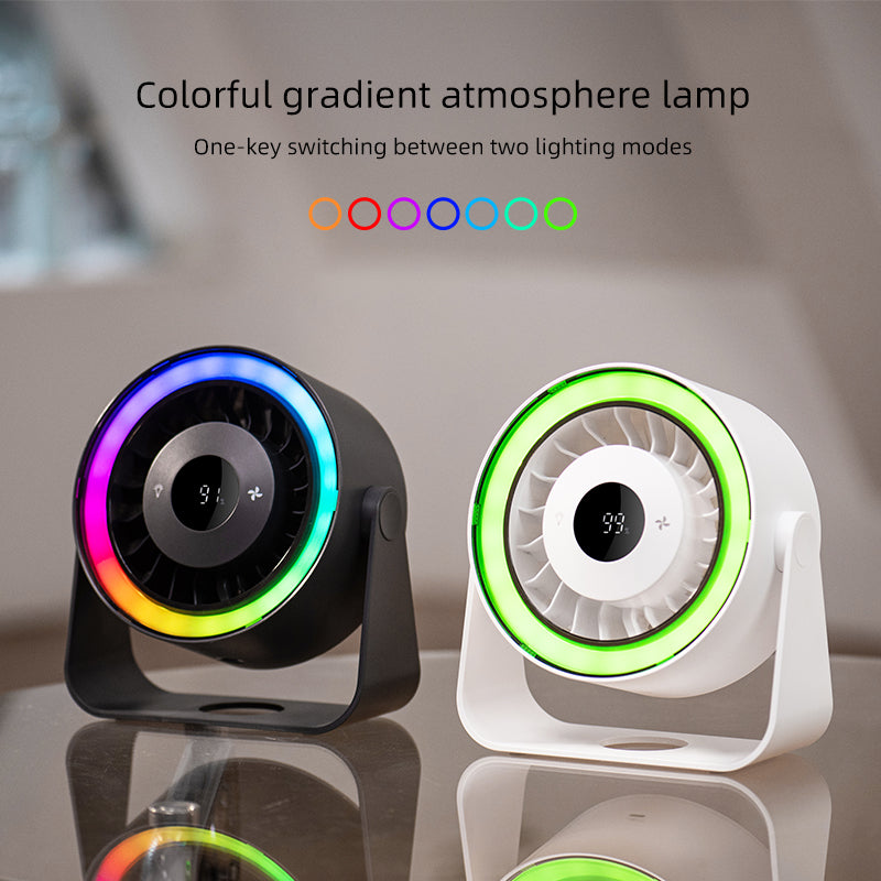 Oriday桌面壁掛兩用風扇 大容量電池長續航 5 檔靜音強風 三種燈光模式可調 角度可調自動搖頭 逆時針旋轉風罩易清潔 家居辦公兩相宜