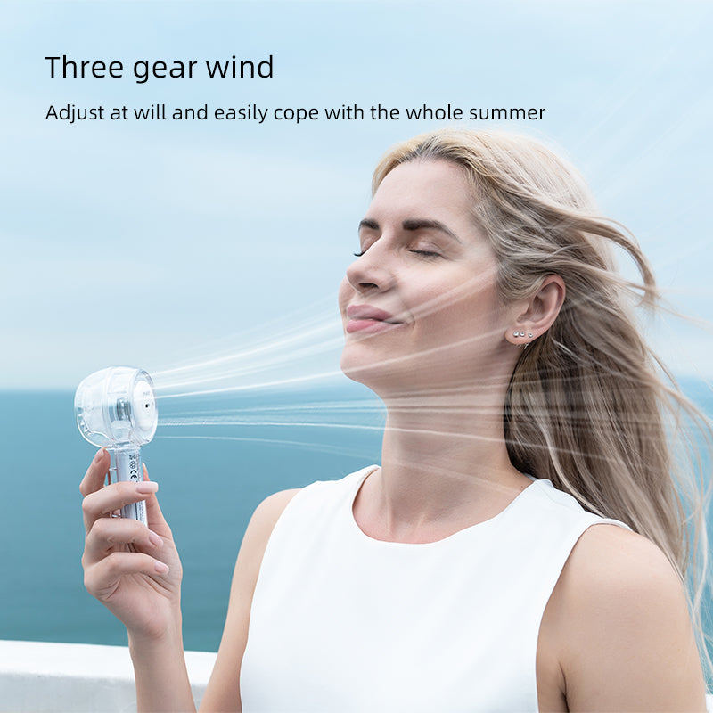 Oriday 투명 디자인의 7색 LED 조명이 있는 휴대용 미니 팬 | 3단계 속도 조절과 걸이용 줄 | 가볍고 휴대성이 뛰어나며 출퇴근과 야외 활동에 적합, 뛰어난 디자인