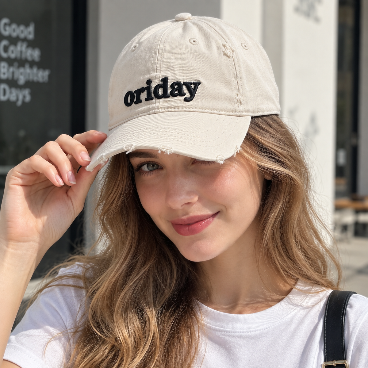 ORIDAY Washed Distressed Baseball Cap | Light Gray Beige · Black 3D Letter Embroidery · Soft Unstructured Crown · Adjustable Back Strap with Metal Buckle | Casual Everyday Style