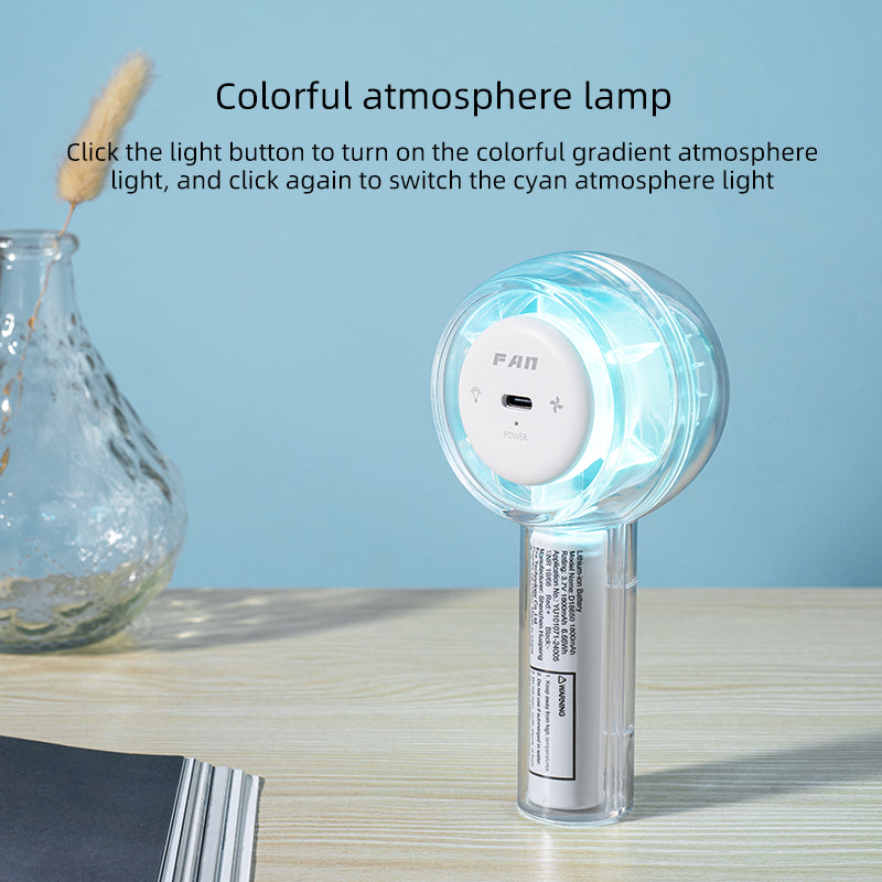 Oriday 투명 디자인의 7색 LED 조명이 있는 휴대용 미니 팬 | 3단계 속도 조절과 걸이용 줄 | 가볍고 휴대성이 뛰어나며 출퇴근과 야외 활동에 적합, 뛰어난 디자인