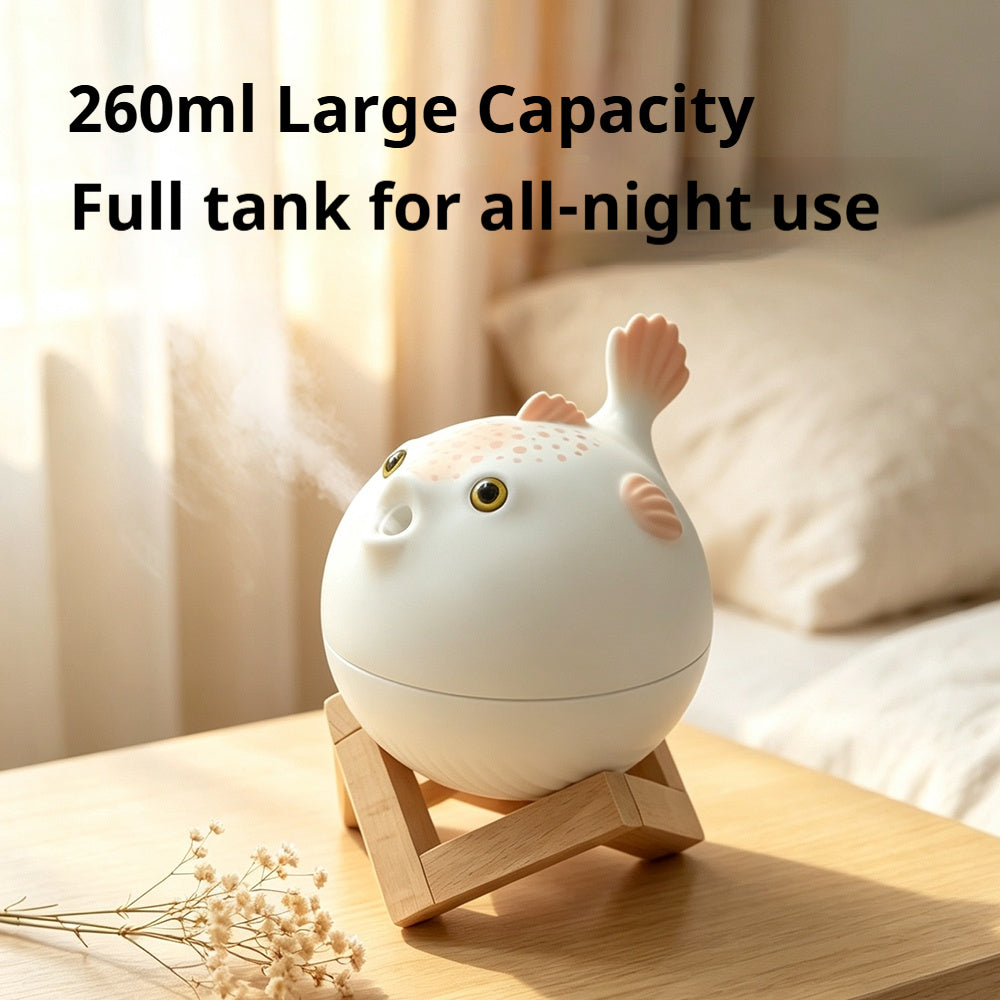 Oriday Cute Pufferfish Humidifier with 7-Color Night Light | 260ml Large Capacity・Dual Fine Mist Modes・Quiet Operation・USB‑C Powered | Bedroom, Office and Desktop Décor