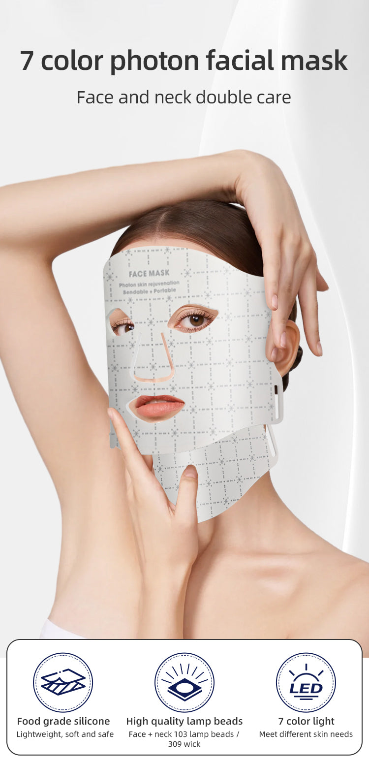 oriday純白七彩LED光面罩＋頸部光療｜三檔能量嫩膚亮白｜食品級矽膠貼合｜香港家用美容神器