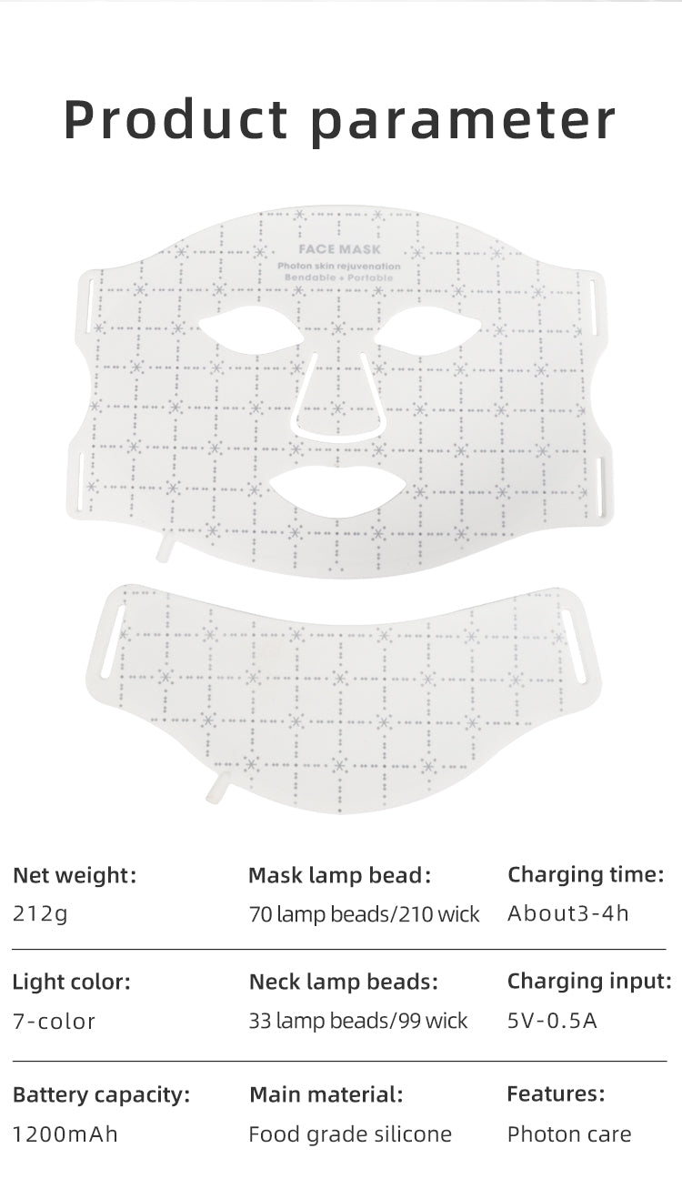 oriday純白七彩LED光面罩＋頸部光療｜三檔能量嫩膚亮白｜食品級矽膠貼合｜香港家用美容神器