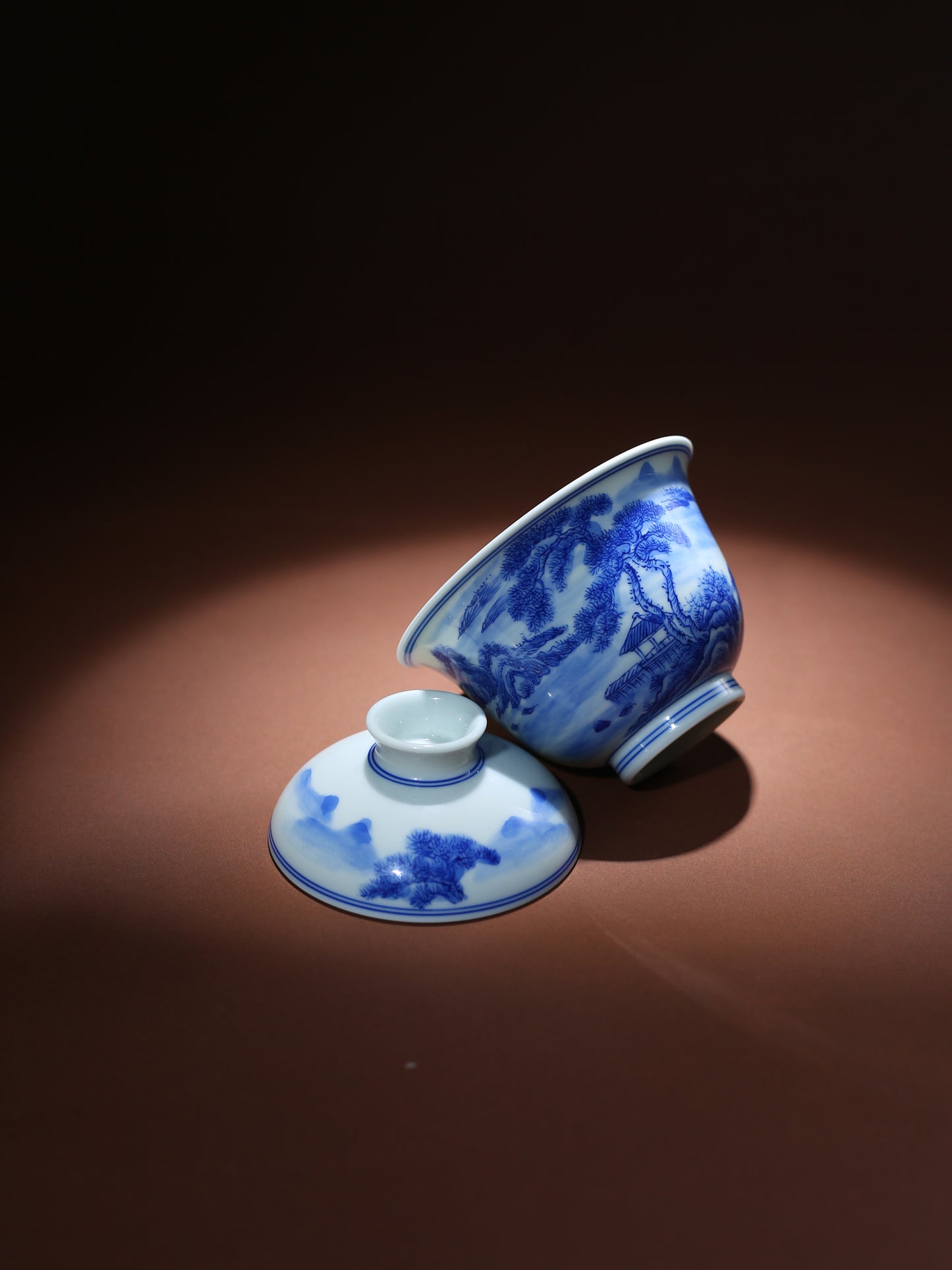Oriday Hand-painted Blue and White Porcelain Landscape Gaiwan   Small Kung Fu Ceramic Tea Set   Recommended as Yancha Master Cup