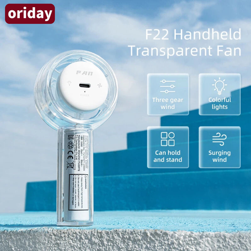 Oriday 투명 디자인의 7색 LED 조명이 있는 휴대용 미니 팬 | 3단계 속도 조절과 걸이용 줄 | 가볍고 휴대성이 뛰어나며 출퇴근과 야외 활동에 적합, 뛰어난 디자인