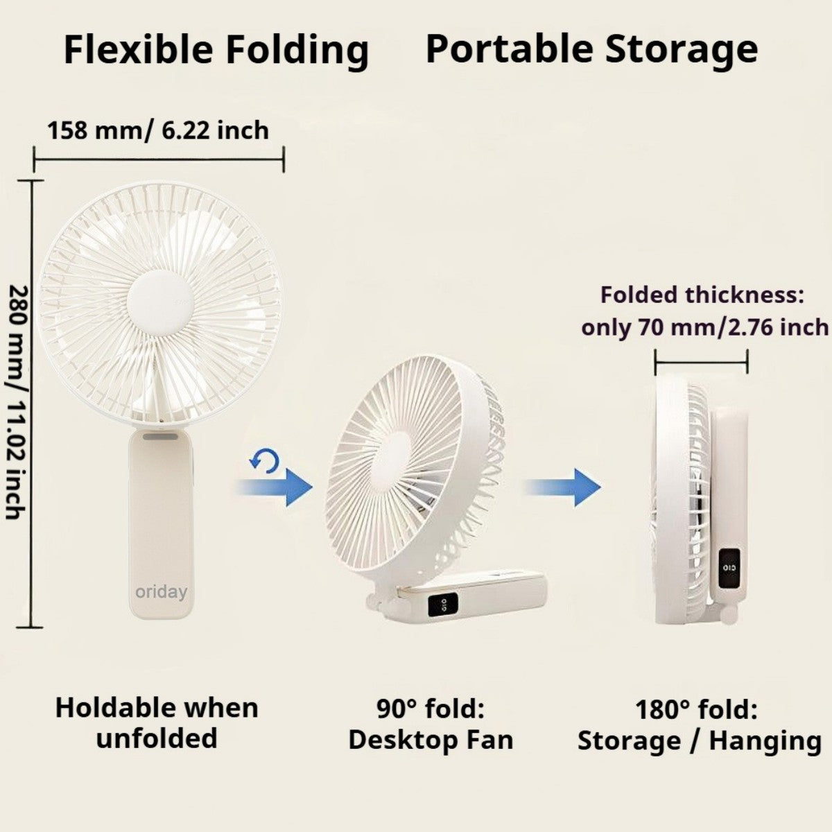 Oriday 다기능 핸디 선풍기 접이식 책상용 선풍기 4단계 풍속 조절, 조용한 작동, 3600mAh 긴 배터리 수명, Type-C 고속 충전, 3-in-1 사용(핸디형, 벽걸이형, 책상형)
